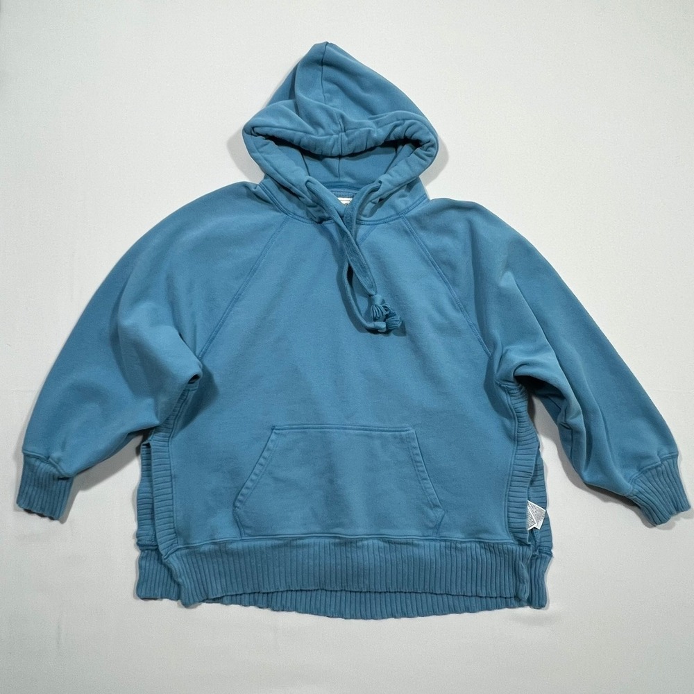 American Eagle Hoodie Oversized Ribbed Fleece Pullover Blue Split Hem Women L‎